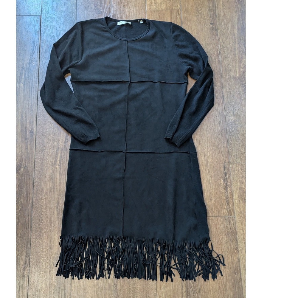 Patrizia Luca Milano Black Faux Suede Fringe Hem Knit Tunic Dress L/XL KSL2680